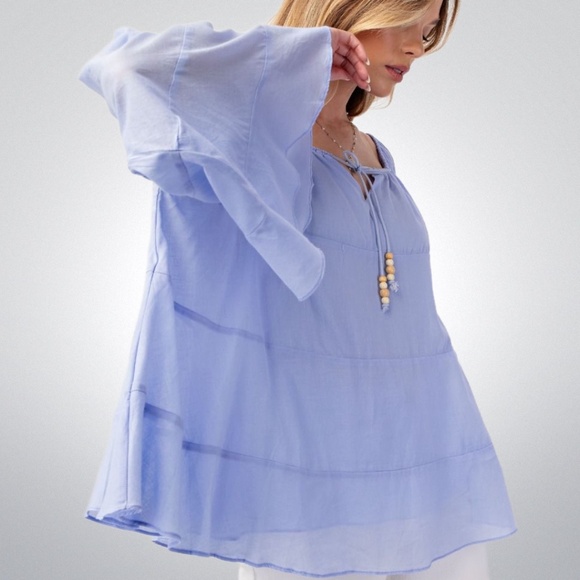 EASEL Lightweight & Flowy Cotton Lined Top Bell Sleeves Keyhole Neck Beaded Ties - Picture 7 of 13